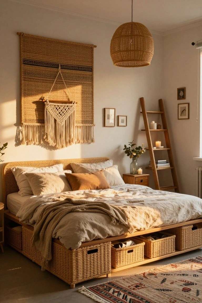 A bedroom with a rattan platform bed featuring built-in cubbies filled with woven storage baskets, a large woven wall hanging, ladder shelf with candles and plants, and neutral linens on the bed.