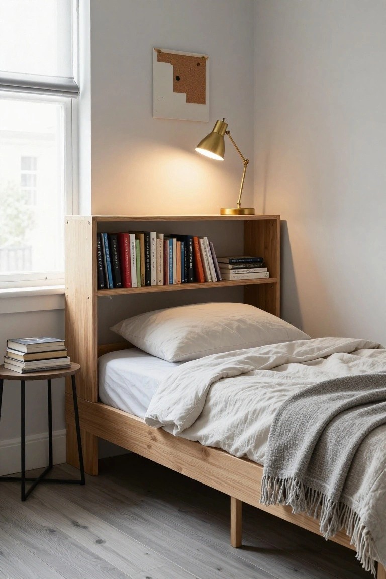 A corner bedroom with a wooden bed frame featuring integrated open bookshelves as headboard, a stack of books on a small side table, a brass lamp on the shelf, white walls, and light oak flooring.