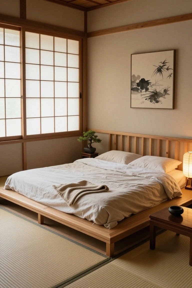 A minimalist bedroom with a low wooden platform queen bed frame, white linens and pillows, bonsai plant on a stand, shoji screen windows, ink painting on wall, lamp, and tatami mat flooring.