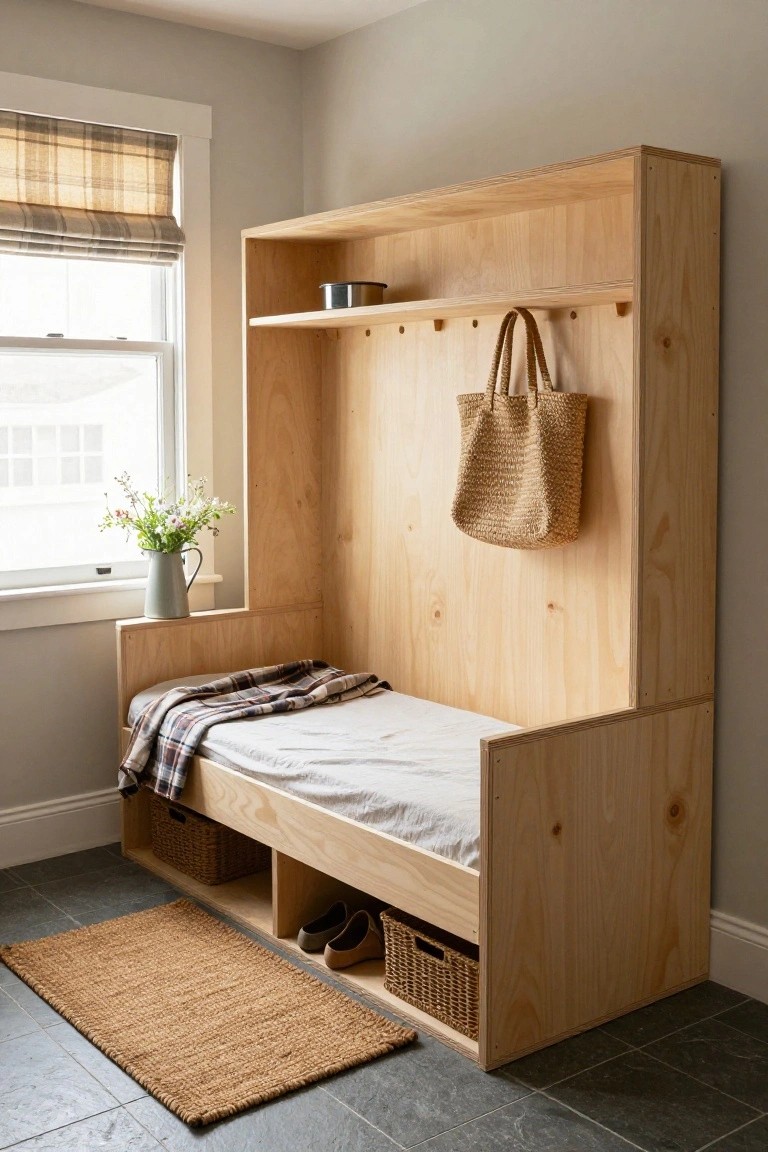 Tall wooden built-in cabinet unit with upper shelf, peg hooks holding a straw bag, bench seat with white mattress pad and plaid blanket, lower cubbies containing baskets and shoes, gray vase of flowers on side shelf, next to window in room with tile floor.