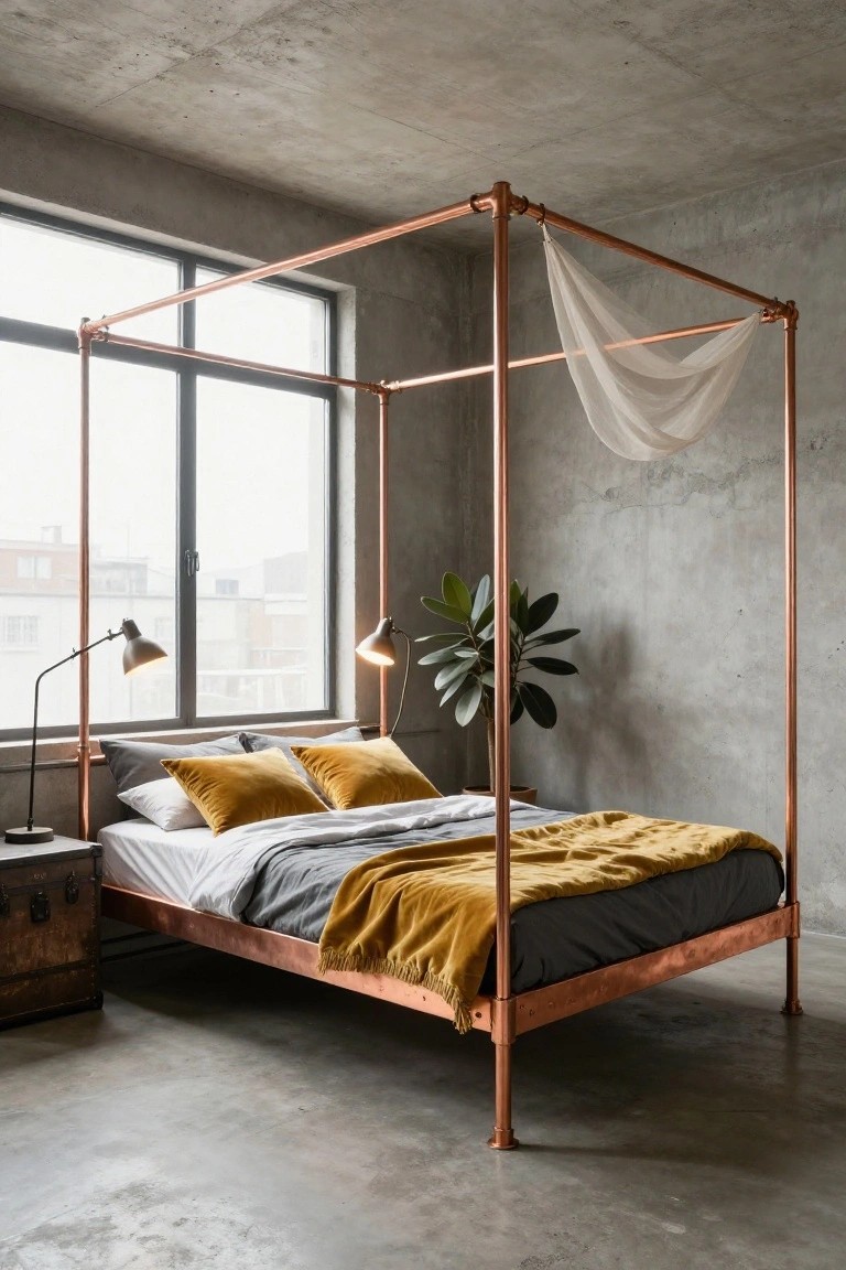Copper pipe four-poster bed frame with white canopy fabric, queen mattress topped with gray sheets yellow pillows and mustard throw, beside black lamp and plant in concrete-walled bedroom with large windows.