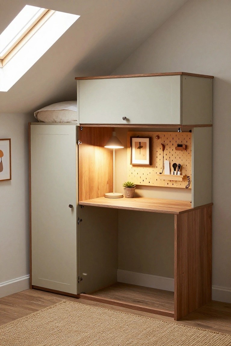 Tall light gray cabinet unit open in an attic room under a skylight revealing wooden interior with fold-out desk, pegboard organizers, lamp, potted succulent, and pillow on top shelf.