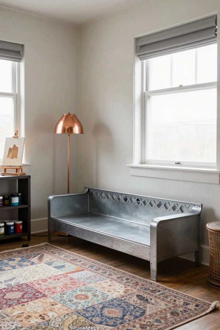 Corner of a light gray room with two large windows covered by gray roller shades, a copper floor lamp, wooden shelves holding paint jars and an easel with a half-finished painting, a galvanized metal bench with cutout side designs, and a multicolored patterned rug on hardwood floors.