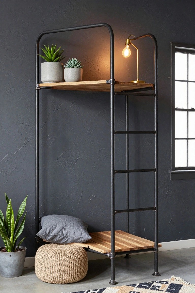 Tall black metal shelving unit with wooden top shelves holding potted plants and a desk lamp, lower wooden bench with gray pillow and beige woven pouf stool in front, against dark textured wall with window and berber rug on concrete floor.