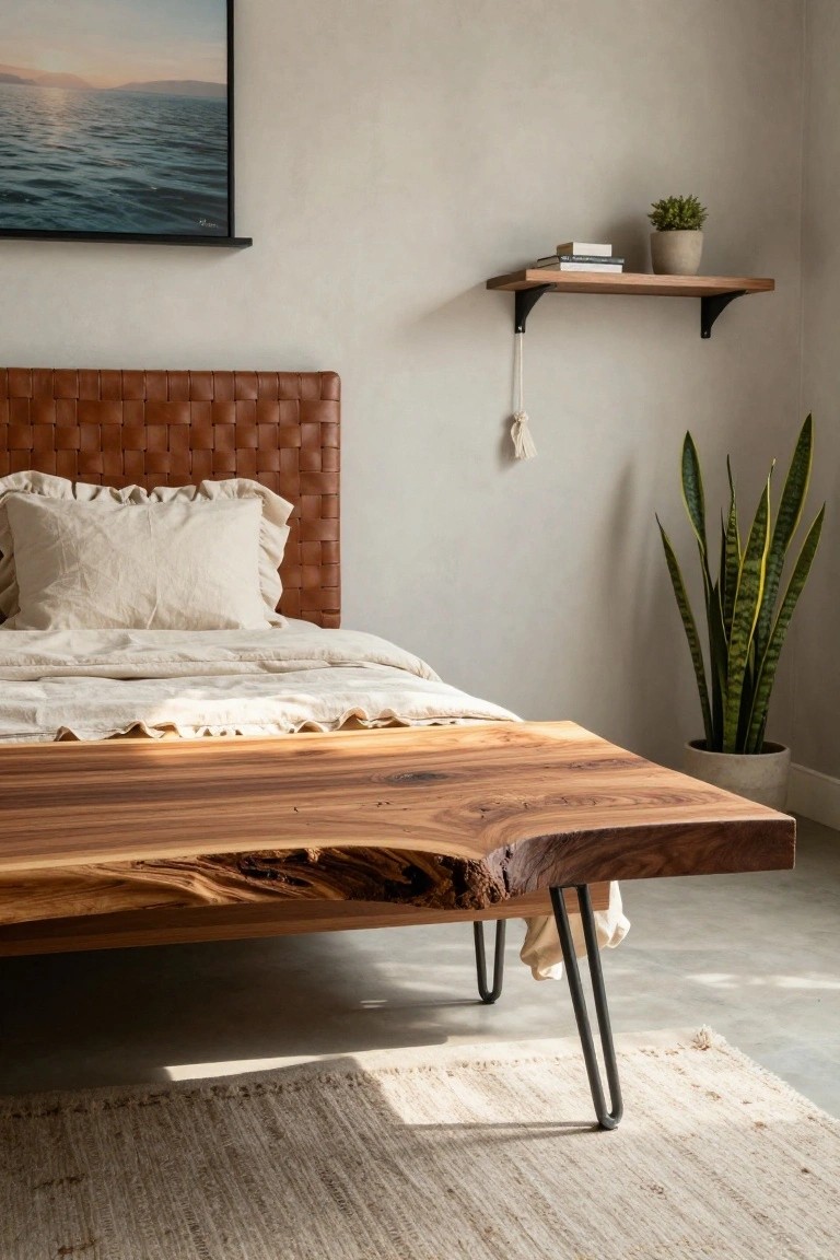A low queen size bed frame made from a live-edge walnut wood slab on black hairpin legs in a light bedroom with beige walls, leather tufted headboard, white ruffled bedding, snake plant, wall shelf, and ocean art.