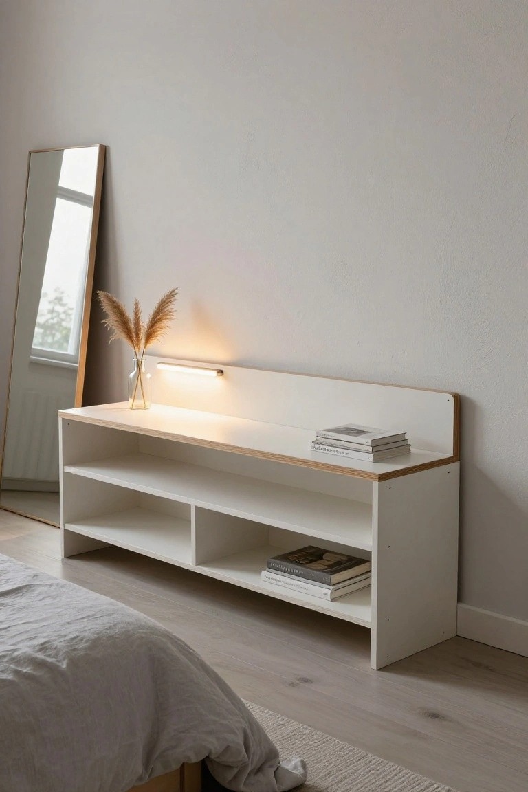 White low-profile shelving unit with oak top next to a queen platform bed in a bedroom, holding books and a glass vase of pampas grass, with a full-length mirror and wall light nearby.