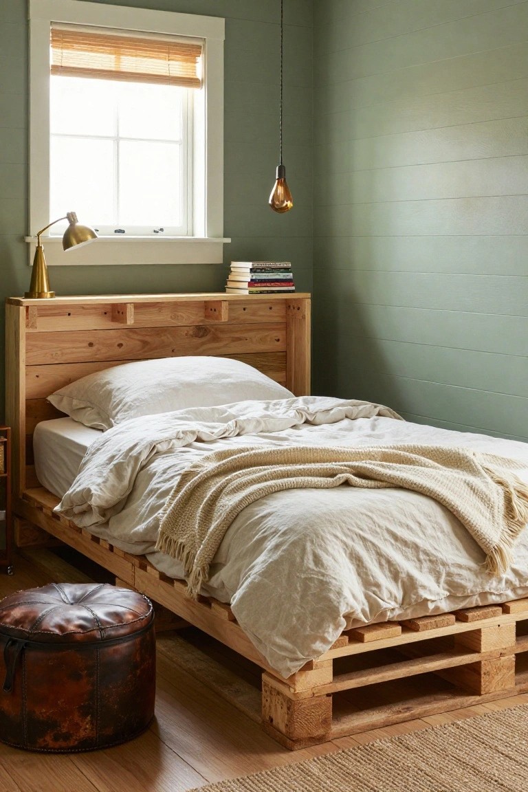 A small bedroom with a raised wooden pallet bed frame holding white linen bedding and a cream knit throw, sage green shiplap walls, brass desk lamp and pendant light, stacked books on a shelf, and a brown leather pouf stool on a seagrass rug.