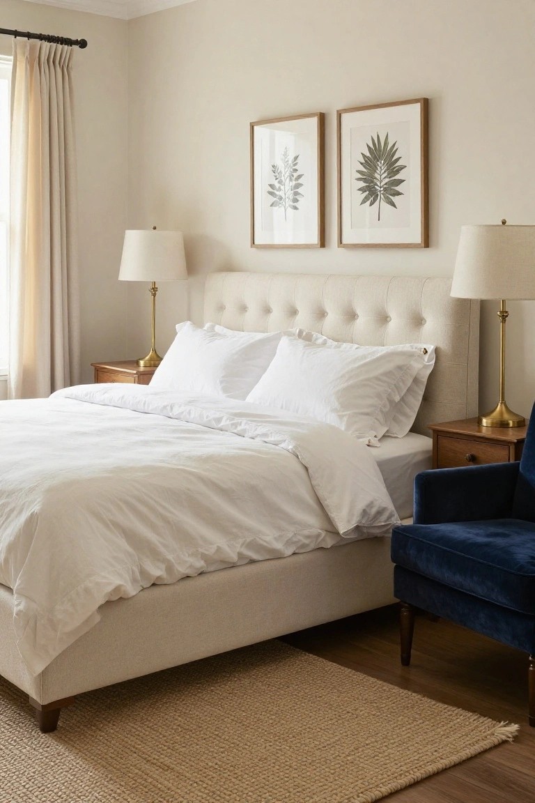 Beige fabric-upholstered queen bed with tufted headboard and white duvet, flanked by wooden nightstands with brass lamps, botanical prints on wall above, sheer curtains on window, navy chair nearby, seagrass rug on wood floor.