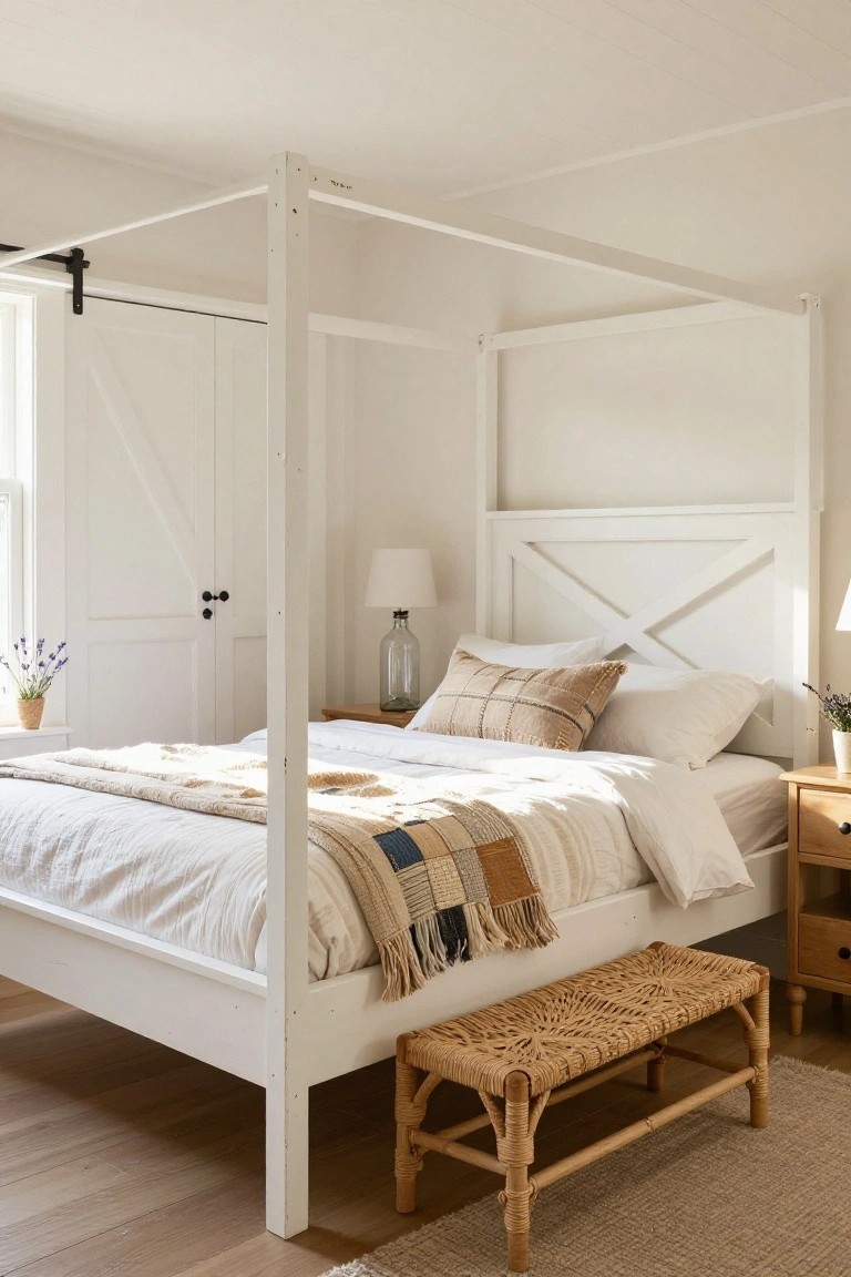 White wooden canopy bed frame with X-pattern headboard in a light bedroom, neutral bedding, rattan bench at foot, wooden nightstand, and potted flowers near barn door.
