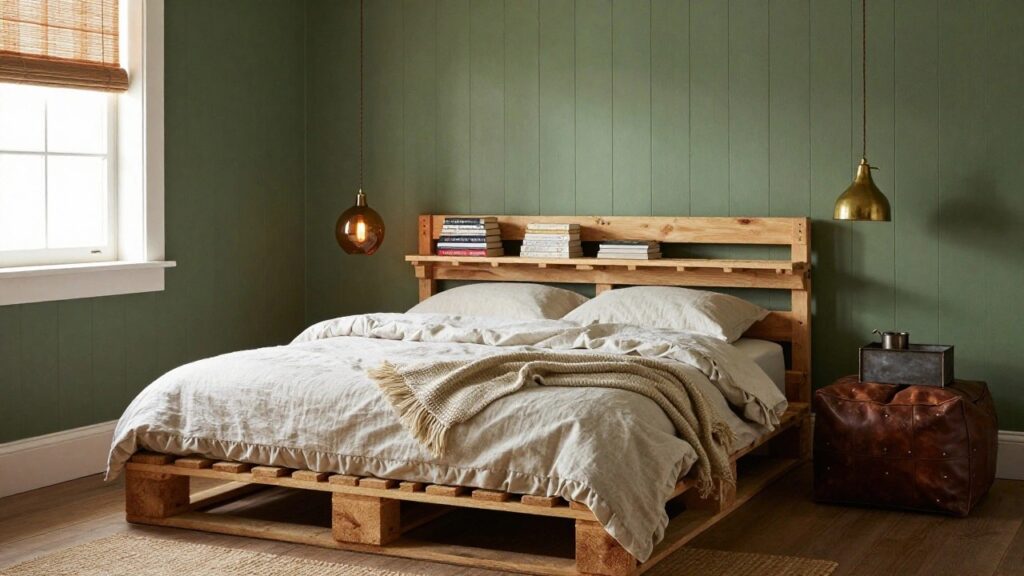 A small bedroom with a raised wooden pallet bed frame holding white linen bedding and a cream knit throw, sage green shiplap walls, brass desk lamp and pendant light, stacked books on a shelf, and a brown leather pouf stool on a seagrass rug.
