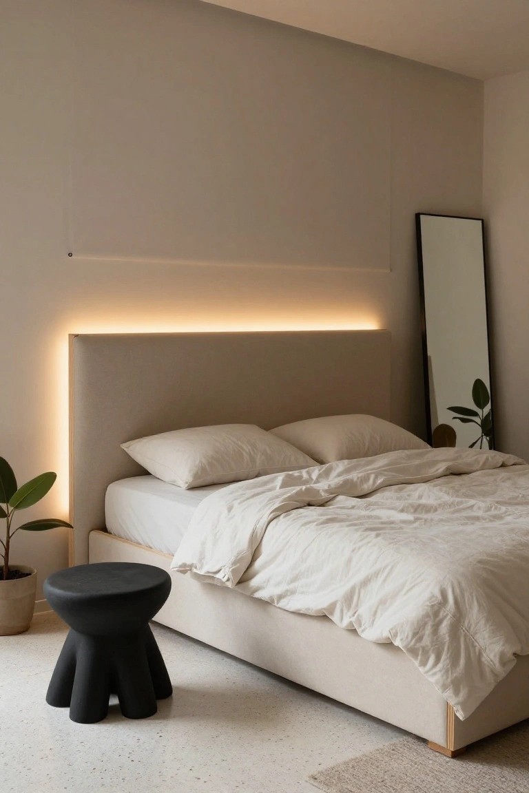 Beige upholstered queen bed frame with LED strip lighting glowing along the headboard edges, white bedding, black legged stool, potted plants, full-length mirror, and neutral walls in a bedroom.