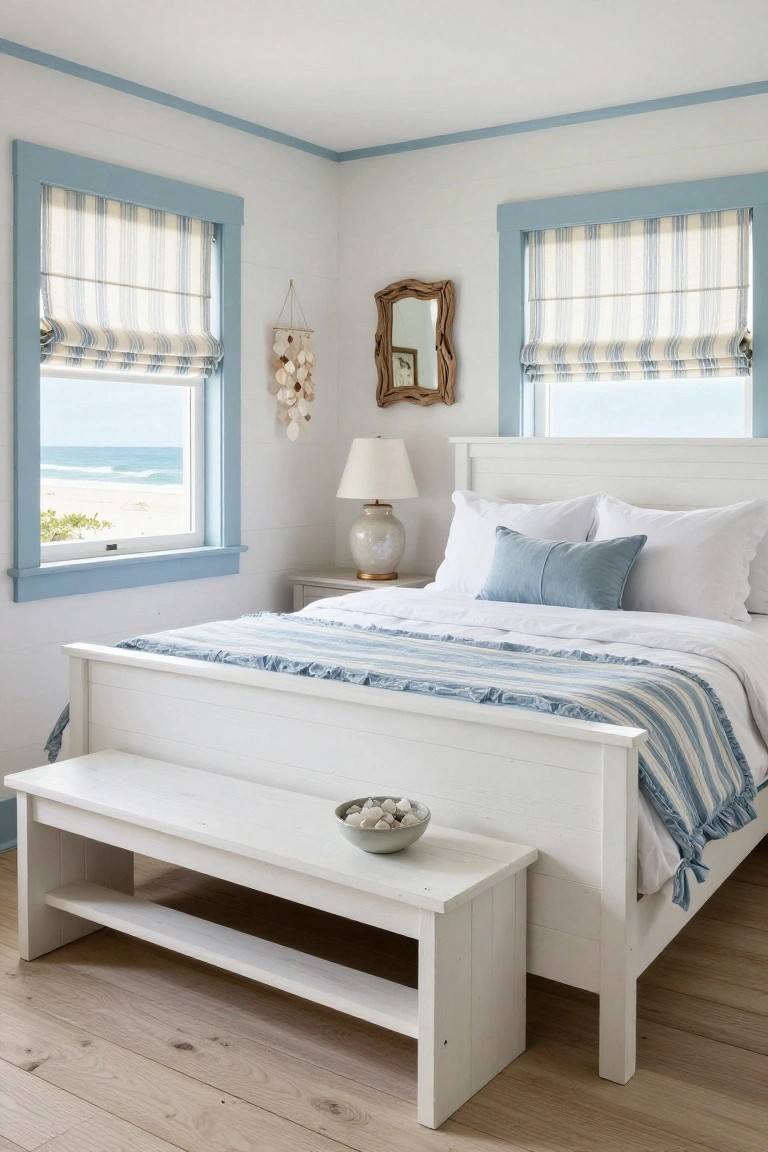 White wooden queen bed frame with blue and white striped bedding in a light blue-trimmed bedroom, matching white bench at foot holding a bowl of shells, windows showing beach view, lamps on nightstand.
