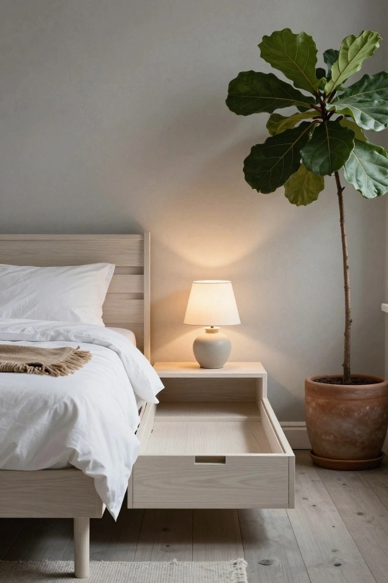 Light wood queen size bed frame with an open underbed drawer, beside a white nightstand holding a ceramic lamp, next to a tall potted fiddle leaf fig plant in a bedroom with light gray walls and wood floors.