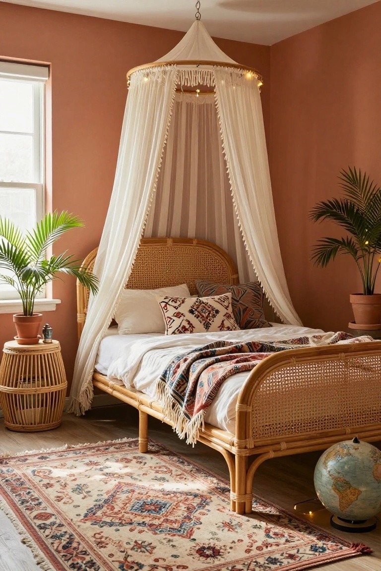 Bedroom with rattan queen bed frame draped in white sheer canopy, terracotta walls, potted palm plants, woven side table, patterned rug, and globe on wood floor.
