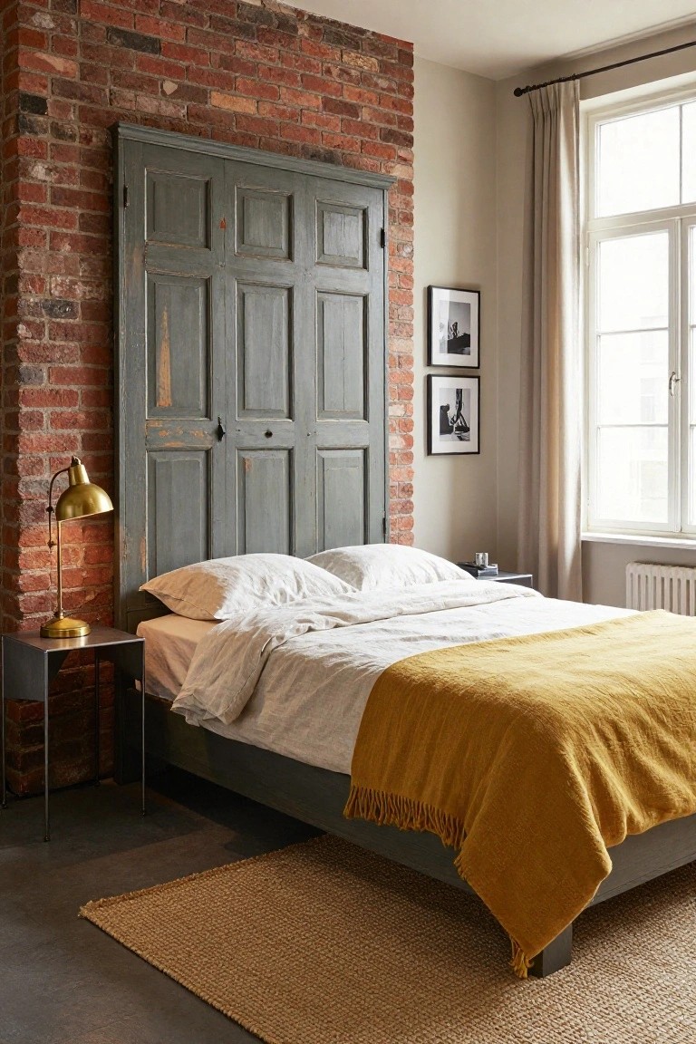 Bedroom interior with queen bed against exposed brick wall, featuring tall gray-green paneled wooden door as headboard, white linens with yellow throw blanket, black metal bedside table holding brass lamp, beige rug on concrete floor, and window with sheer curtains.