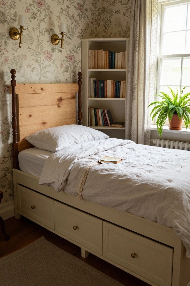 Corner bedroom with queen-size bed on cream wooden frame with three drawers, pine slatted headboard on turned posts, white pillows and quilted bedding with open book, floral wallpaper, white bookshelves, sheer curtained window, potted fern, and wall sconces.