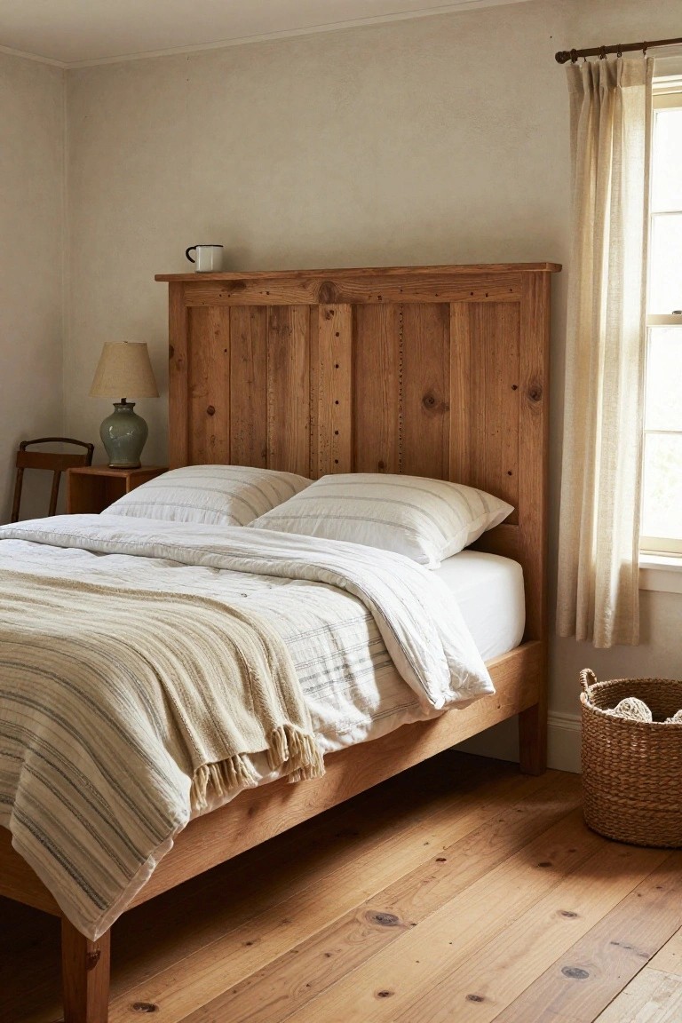 Queen-sized wooden bed frame with tall paneled headboard in a light bedroom, white and striped bedding, side table with lamp and vase, wicker basket on hardwood floor.
