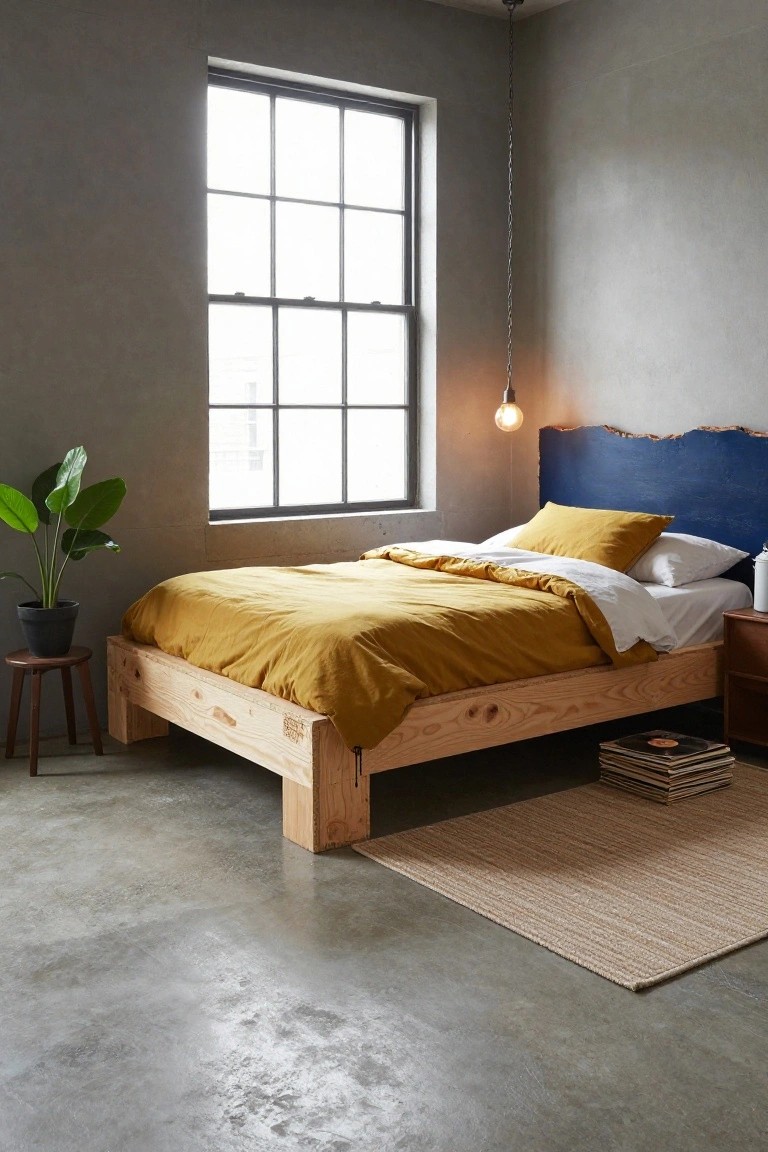 A queen-sized bed with exposed pine wood platform frame and legs on a concrete floor, blue live-edge headboard, yellow duvet and pillows, potted plant nearby, and wooden side tables in a gray-walled room with large window.