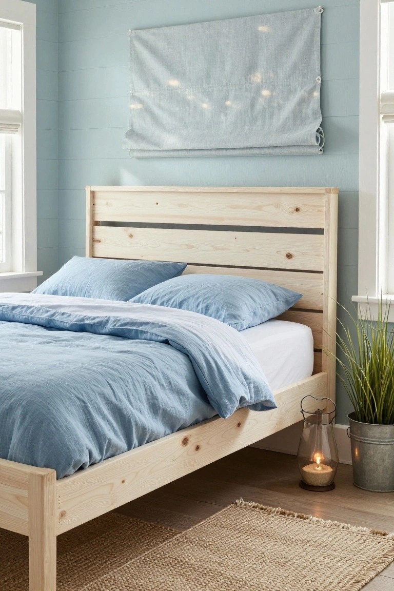 A queen size bed with light pine wood platform frame and slatted headboard stands against a pale blue shiplap wall in a bedroom with blue linen bedding, two pillows, potted grass plant, metal lantern with candle, and jute rug on wood floor.