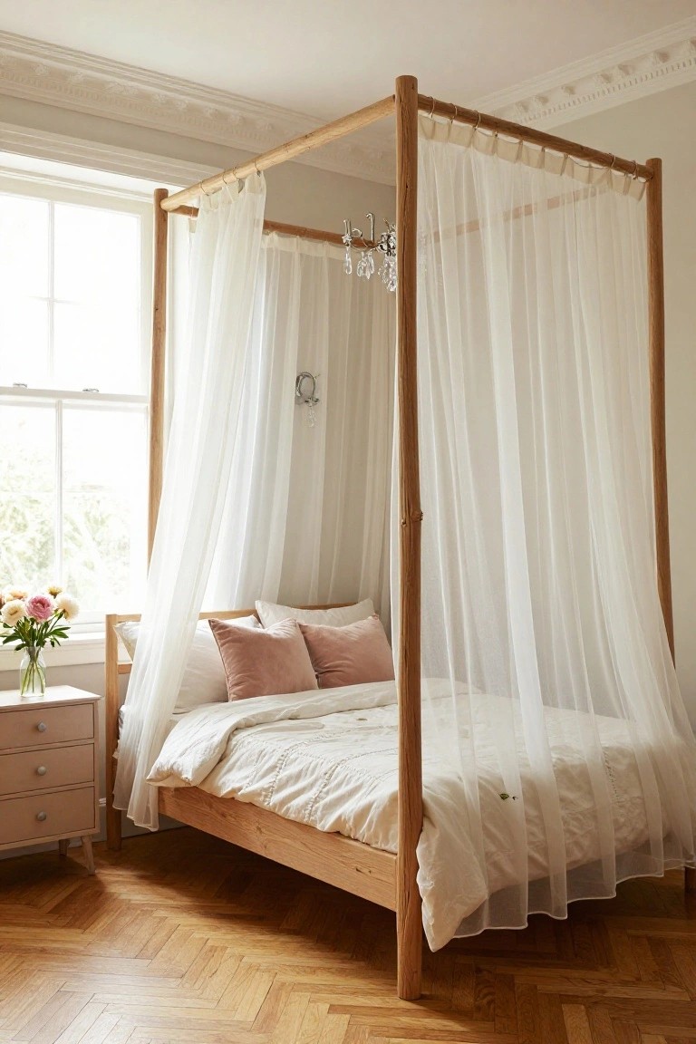 A queen size bed with light wooden canopy frame supporting sheer white curtains, pink velvet pillows on white bedding, beside a nightstand with peonies and a window in a room with parquet wood flooring.