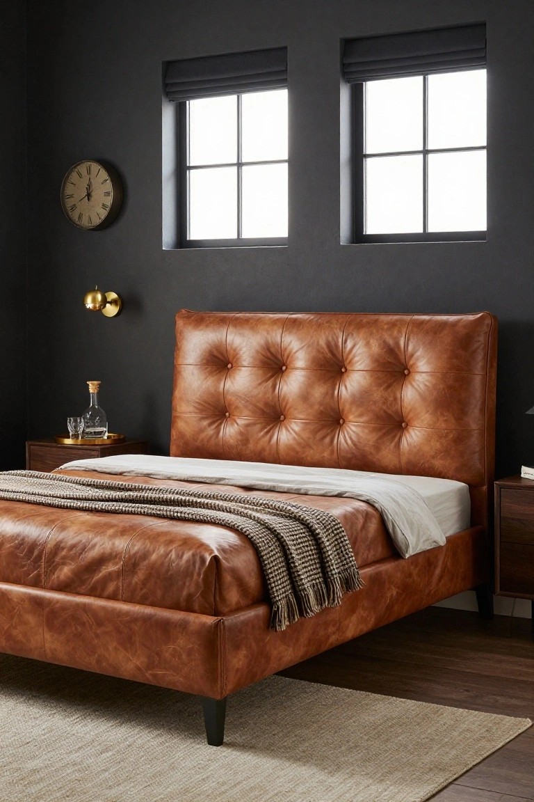 Queen size bed frame upholstered in tan leather with button tufting on the padded headboard and platform base, dressed with white sheets and gray throw blanket, positioned in a dark gray bedroom with two windows, wooden nightstands, clock, and rug.