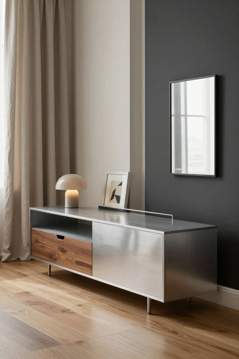 A modern low console table with a wooden drawer on the left, brushed metal surfaces, a beige mushroom-shaped lamp, abstract framed print, and a rectangular mirror on a dark gray wall next to beige curtains and light wood flooring.