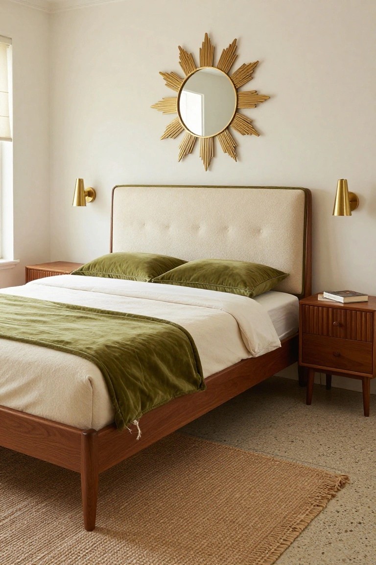 A bedroom with a queen size wooden bed frame, cream tufted upholstered headboard, green velvet pillows and throw, matching wooden nightstands, gold cone wall sconces, and a gold sunburst mirror on a white wall.