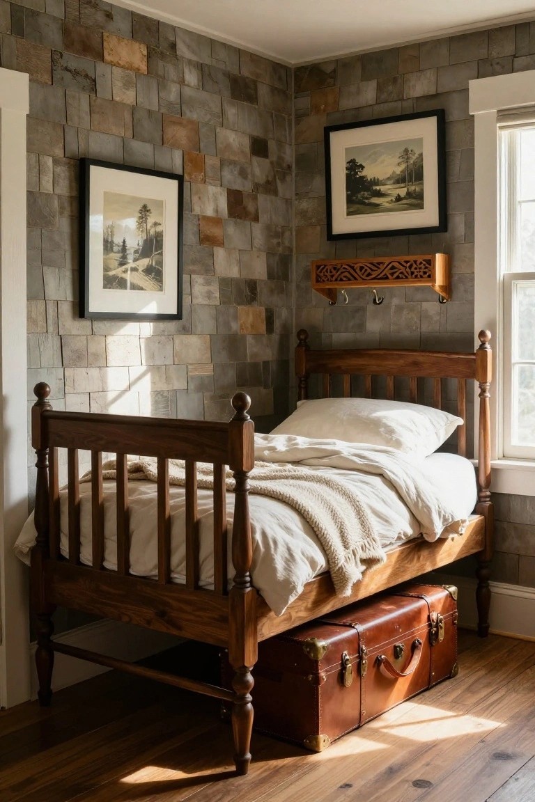 Corner of a bedroom with gray stone tile walls, a wooden spindle bed frame with white linens and knit blanket, two framed landscape paintings, a carved wooden wall shelf with hooks, a window with shade, and a brown leather trunk beside the bed on wood floors.