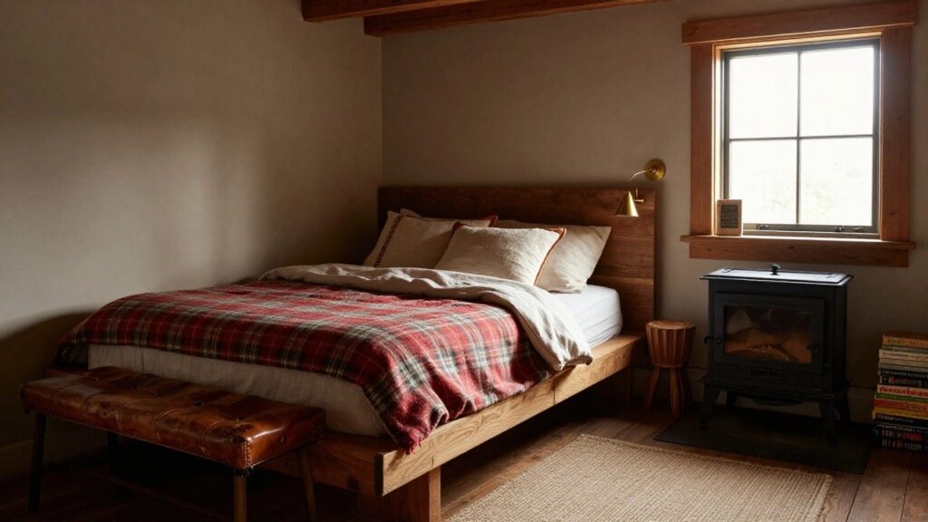 Bedroom with exposed wooden beam ceiling, wooden platform bed frame with textured headboard, plaid wool blanket, leather pillows and bench, nightstand beside small fireplace, seagrass rug on hardwood floor, and single window.