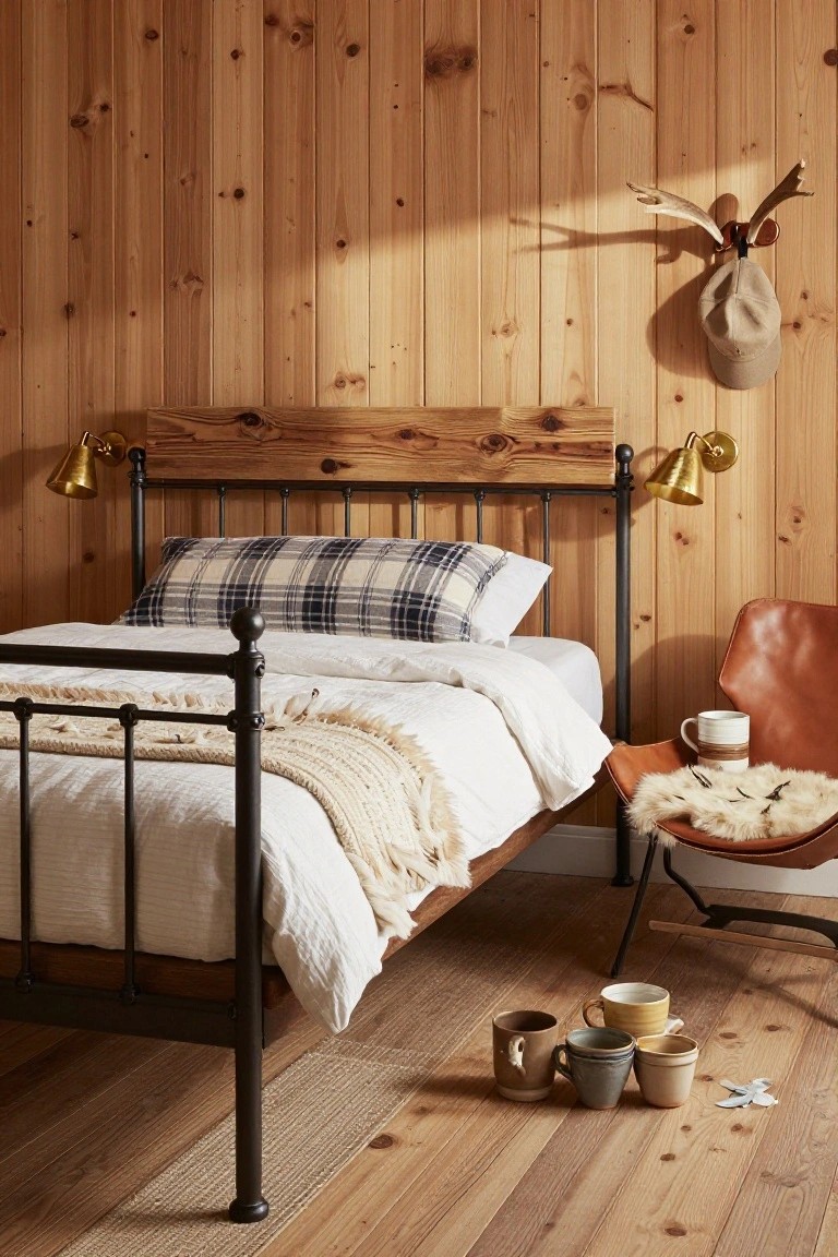 A single black wrought-iron bed frame with white bedding and plaid pillows sits against wood-paneled walls in a cabin bedroom, next to brass wall sconces, a leather chair with sheepskin throw, and ceramic mugs on the wooden floor.