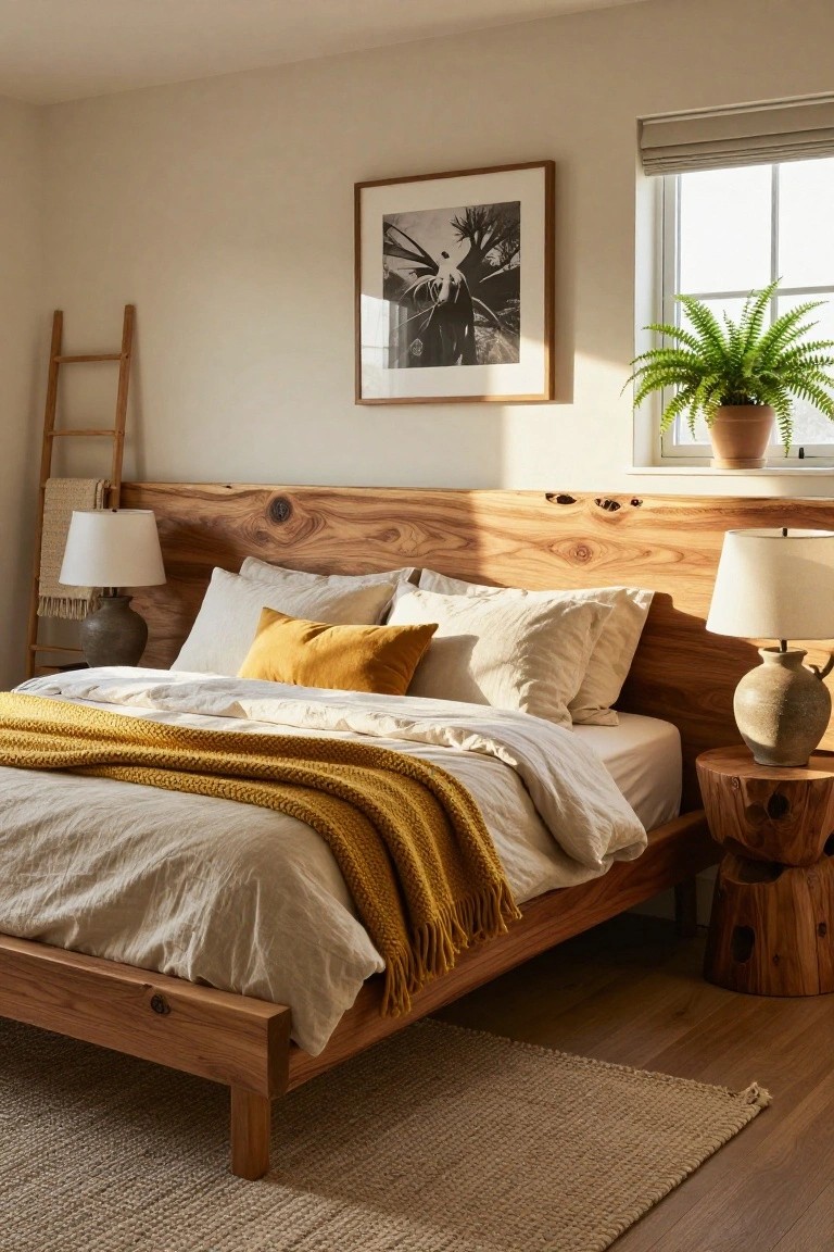 Bedroom with wooden platform bed featuring live-edge headboard, neutral linens and yellow throw blanket, ceramic lamps on nightstands, wooden stool side table, ladder shelf with textiles, framed art, fern plant in pot by window, beige rug on wood floor.