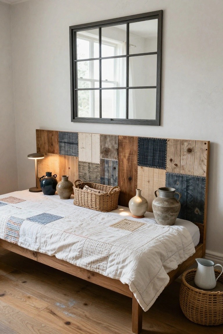A low wooden daybed in a light bedroom with a headboard of assorted reclaimed wood planks and indigo fabric patches, flanked by ceramic vases, wicker baskets, a bedside lamp, and a large black-framed grid mirror on the wall.