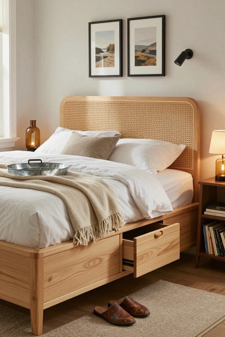 Bedroom with light wood bed frame having beige rattan headboard, white bedding with cream throw and metal tray, open drawers under bed, wooden nightstands with lamps, and wall art.