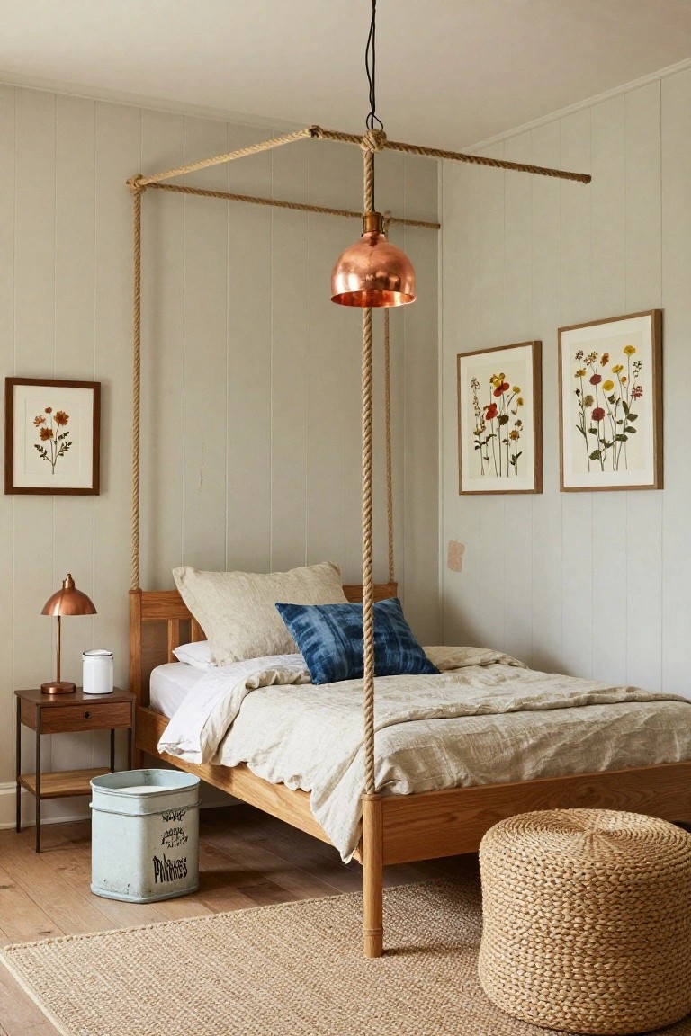 Wooden bed frame with thick rope canopy posts tied to the ceiling in a light gray paneled bedroom, copper pendant light overhead, botanical prints on walls, bedside table with lamp, seagrass pouf nearby.