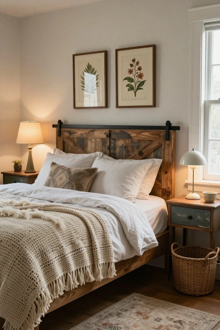 Bedroom interior with a queen bed featuring a sliding barn door-style headboard made of reclaimed wood, white bedding with a cream throw, two nightstands with lamps, botanical prints on walls, and a wicker basket on hardwood floors.