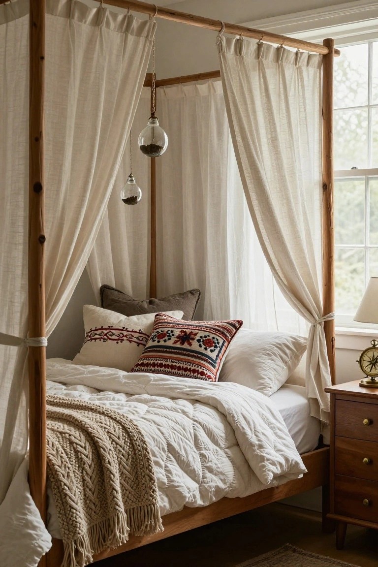 Wooden canopy bed frame with sheer white curtains in a bedroom corner, featuring patterned pillows, white duvet, knit throw, wooden nightstand, and window with lamp.