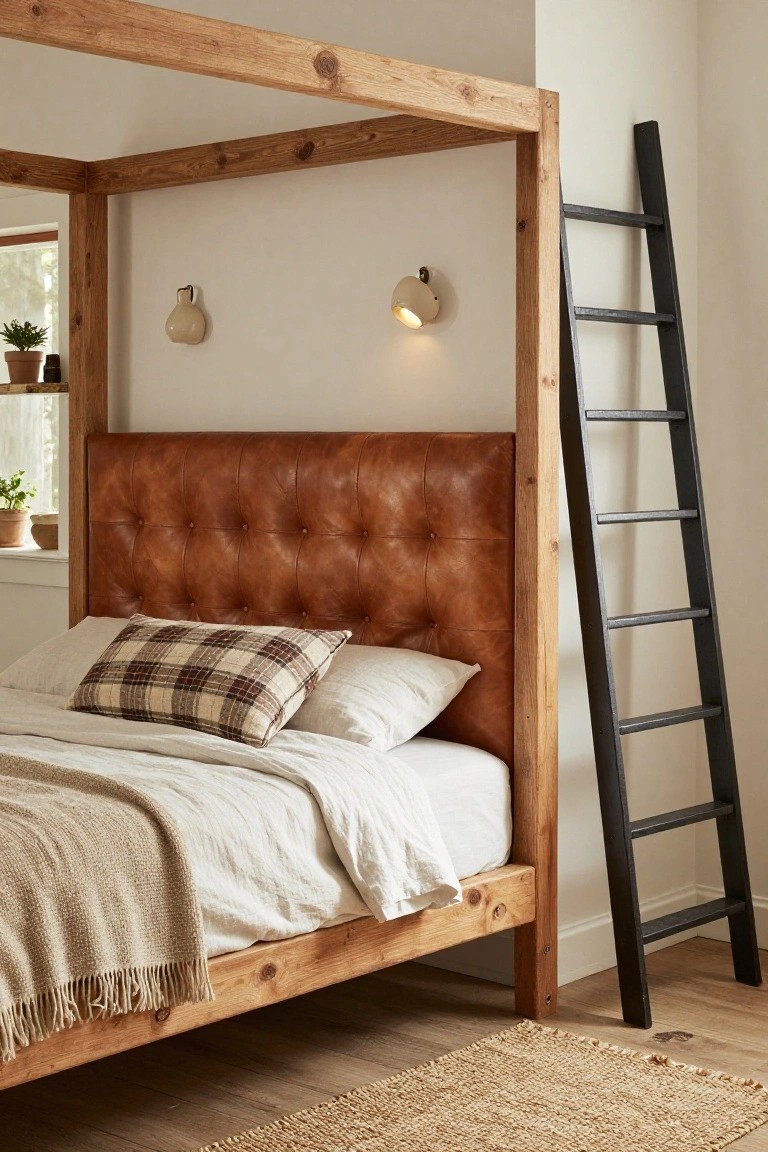 A bedroom with a tall wooden canopy bed frame, tan tufted leather headboard, white sheets, plaid pillow, cream throw blanket, black ladder leaning against the frame, wall sconces, plants on shelves, and beige rug on wood floors.