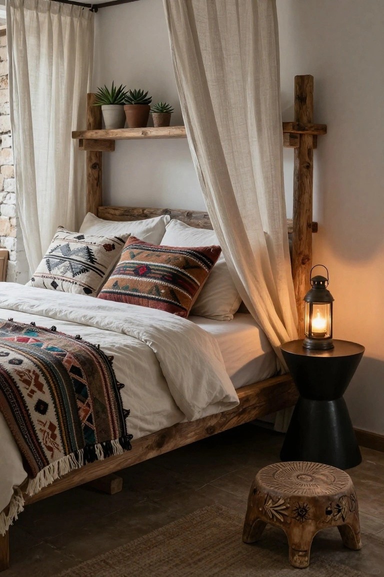 A cozy bedroom with a rustic wooden canopy bed draped in sheer white curtains, colorful woven pillows and blankets, potted succulents on a wooden shelf above the bed, a black metal side table holding a lit lantern, and a carved wooden stool on a seagrass floor rug.