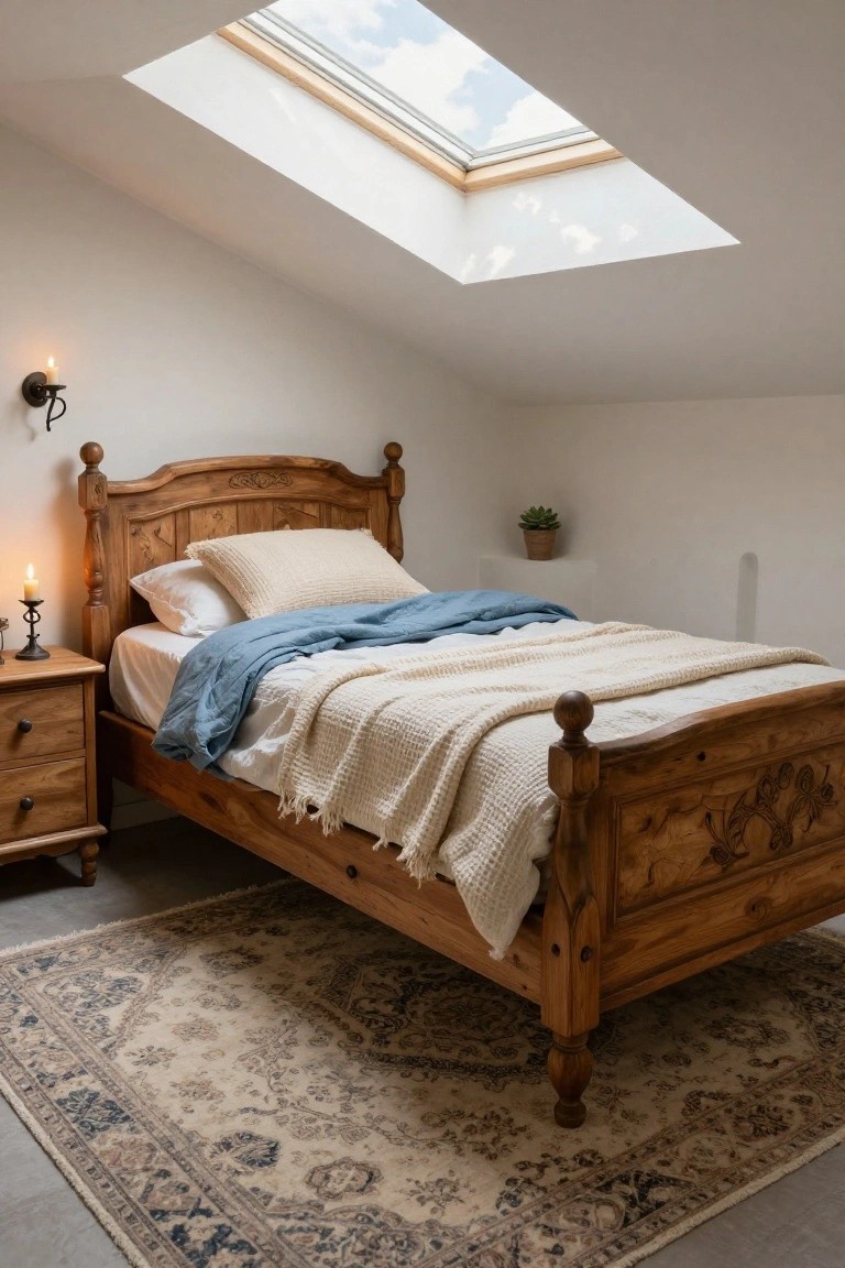 Attic bedroom with sloped white walls and skylight, rustic wooden bed frame with carved headboard and posts, blue and cream bedding, wooden nightstand with candle, potted plant on wall shelf, and patterned rug on floor.