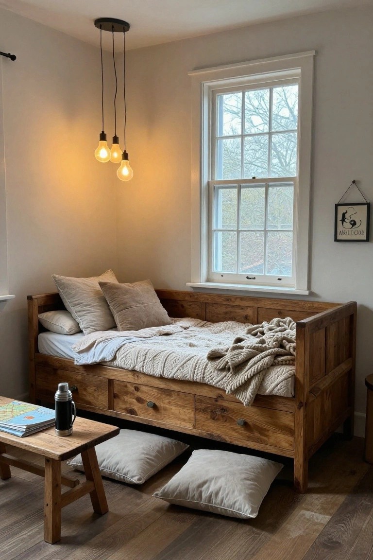 Wooden daybed with built-in drawers and beige pillows and blankets in a corner bedroom with a large window, pendant lights, and a small wooden table.