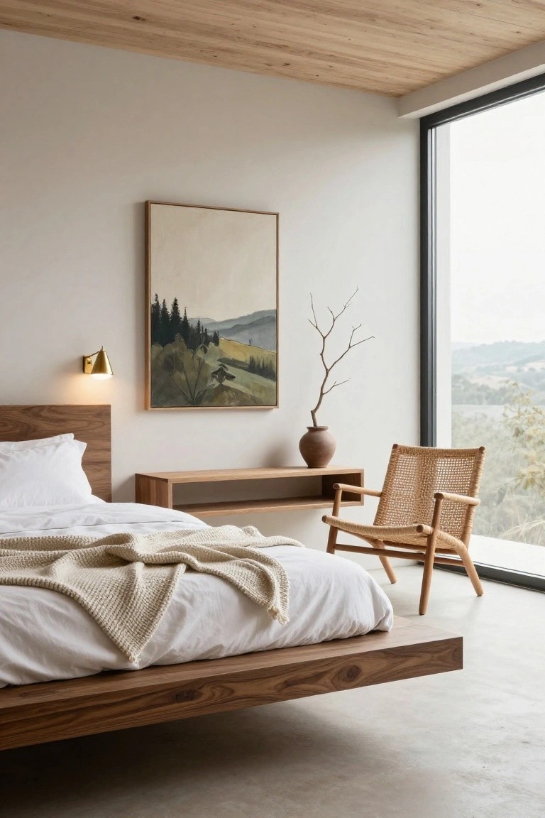 A bedroom with a floating wooden platform bed frame holding white sheets and a cream throw, next to a wooden nightstand, brass wall lamp, large abstract landscape painting, rattan armchair, and floor-to-ceiling window showing hills.
