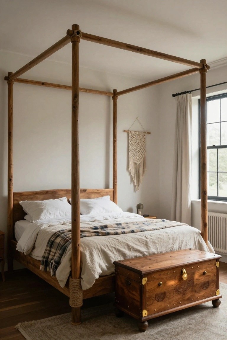 A bedroom with a rustic wooden four-poster bed frame featuring thick posts wrapped in rope at the joints, white bedding with a plaid throw, pillows, a wooden hope chest at the foot of the bed, macrame wall hanging, window with white curtains, and wooden side table with lamp.