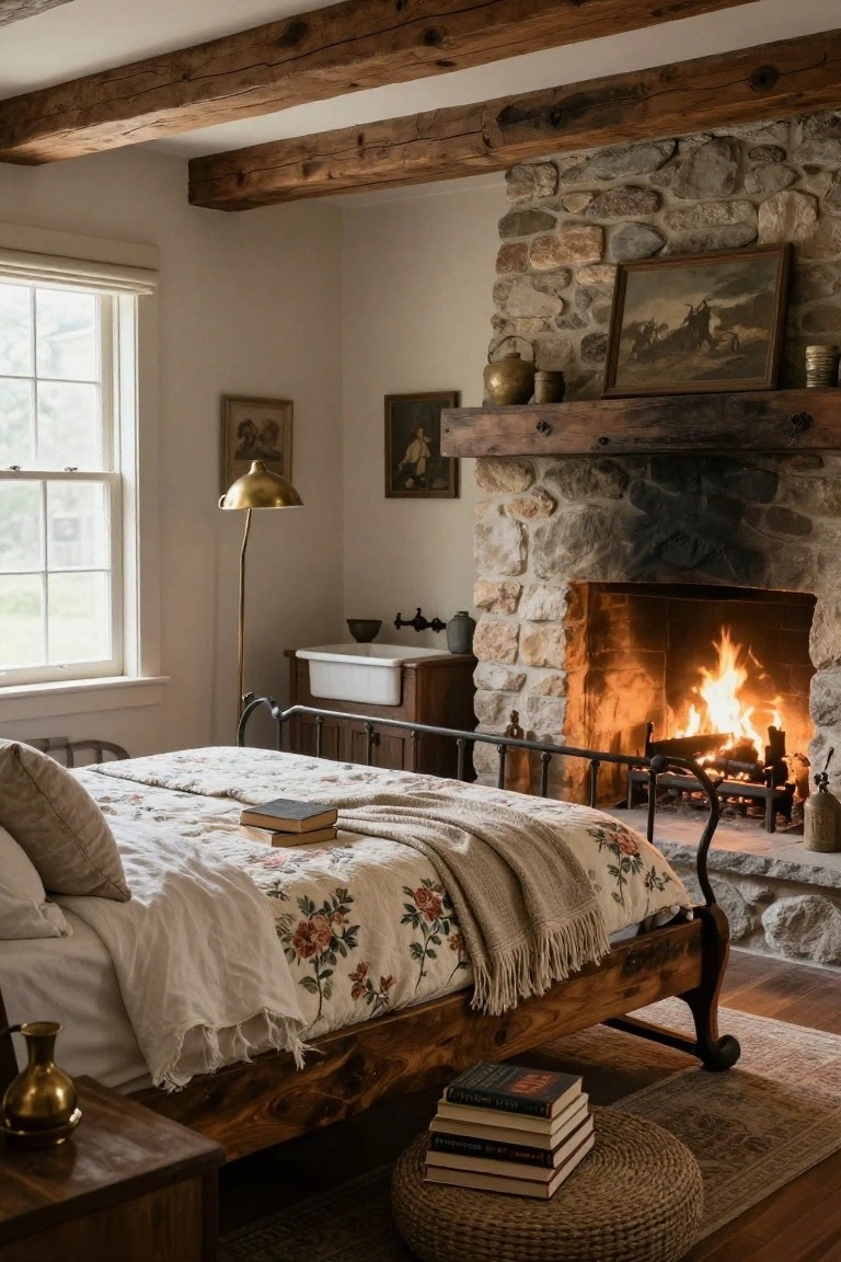 Bedroom interior with black iron bed frame, floral quilt and pillows, lit stone fireplace, exposed wooden beams on ceiling, brass lamp, and stacked books on floor.