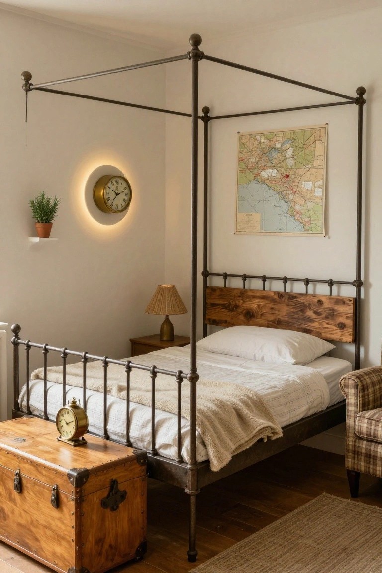 A cozy bedroom with a black iron canopy bed frame, reclaimed wood headboard, white bedding, brass clocks on walls and trunk, potted plant, table lamp, and vintage map.