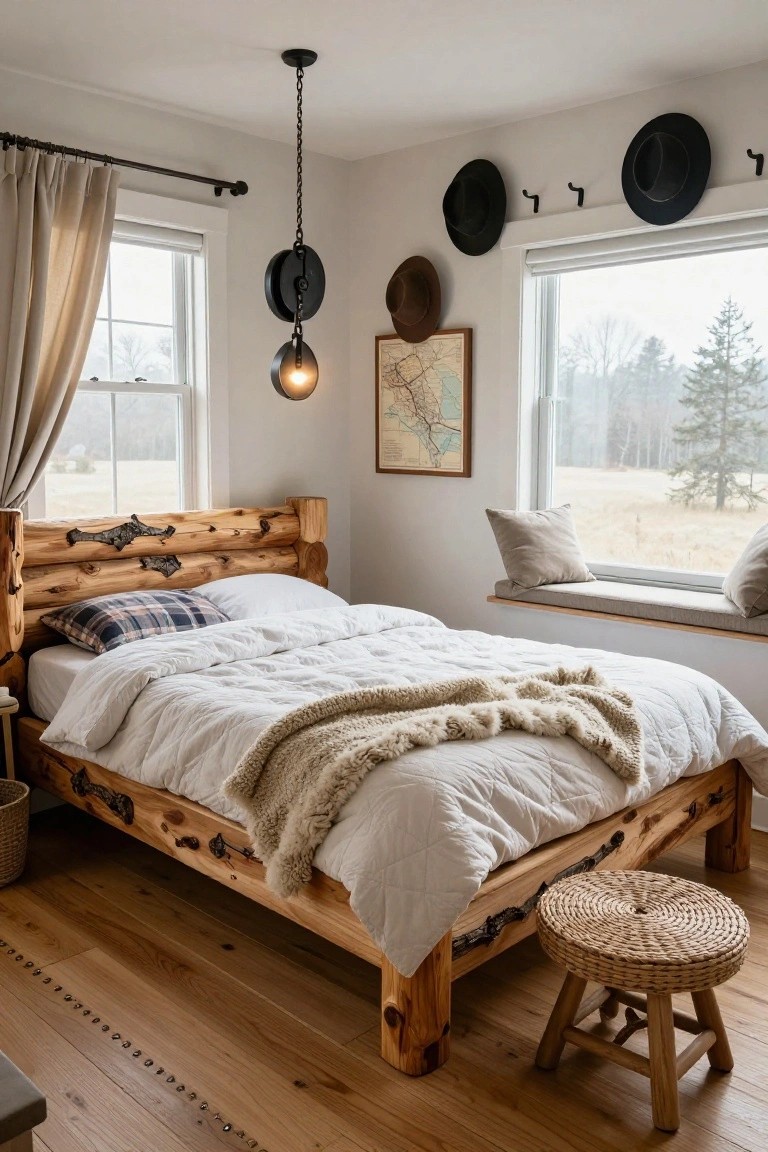 Corner bedroom with a large rustic log bed frame featuring carved headboard posts, white quilted bedding, plaid pillow, window seat cushions, cowboy hats on wall hooks, pendant light, and view of snowy fields through two large windows.