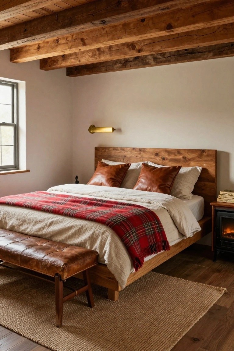 Bedroom with exposed wooden beam ceiling, wooden platform bed frame with textured headboard, plaid wool blanket, leather pillows and bench, nightstand beside small fireplace, seagrass rug on hardwood floor, and single window.