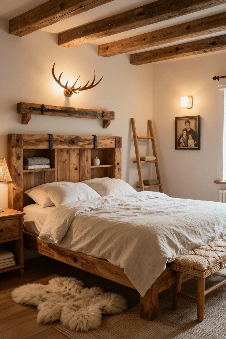 A cozy bedroom with a rustic wooden bed frame featuring built-in side shelves, wooden ceiling beams, deer antler wall sconce, ladder shelf, and sheepskin rug on hardwood floors.