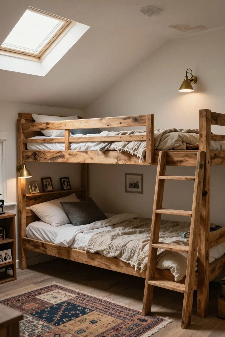 Rustic wooden bunk bed with ladder in an attic bedroom, featuring a skylight, brass wall sconces, neutral bedding, framed photos, and a patterned rug on wood floors.