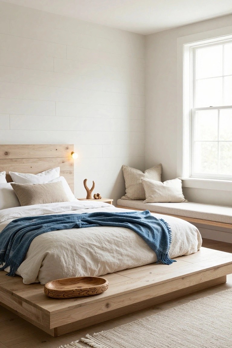 A bedroom corner with a low platform bed frame in light wood, white and beige bedding with a blue throw blanket, wooden headboard with wall lamp, pillows, wooden bowl on bed platform, driftwood sculpture on nightstand, window with built-in bench, and white shiplap walls.