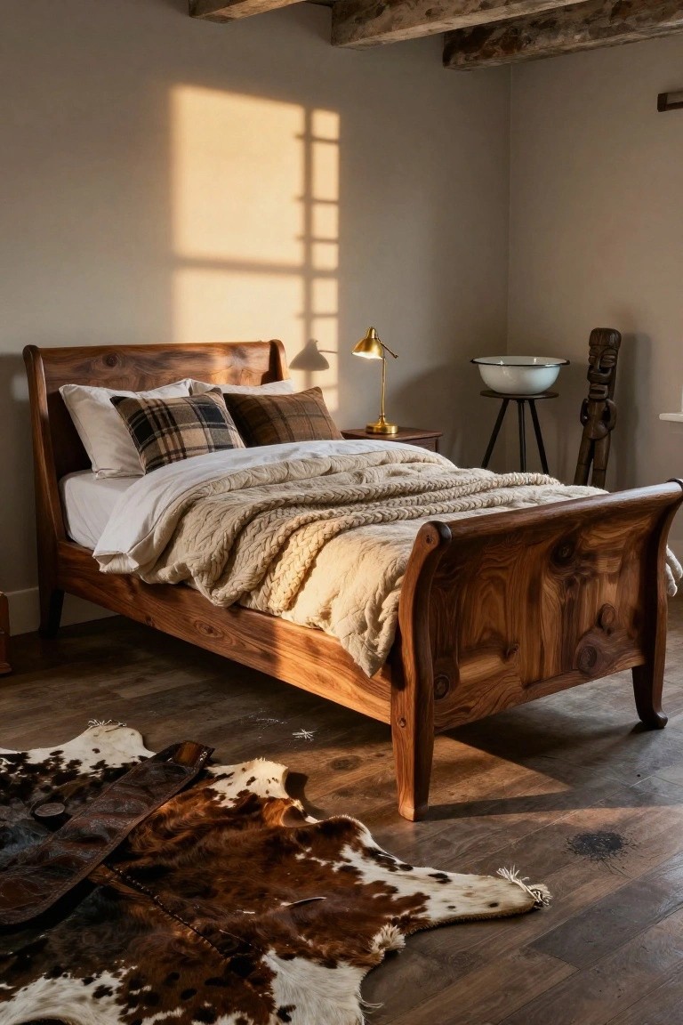 Bedroom with dark wood sleigh bed frame, white bedding, plaid and neutral pillows, knit throw, brass lamp on wood nightstand, cowhide rug on hardwood floor, wooden statue, and beige walls with exposed beams.
